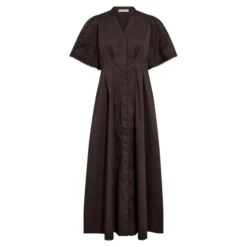 Poppy Emb Pleat Dress Dark Brown