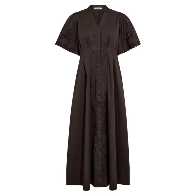 Poppy Emb Pleat Dress Dark Brown