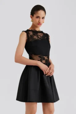 Rosy Lace Trimmed Cut Out Mini Dress Black