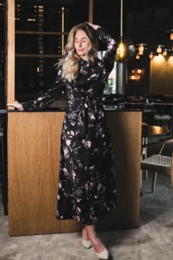 Satin Belt Dress Midnight Garden