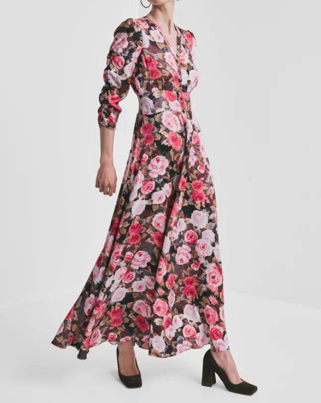 Satin Button-Down Dress Midnight Roses