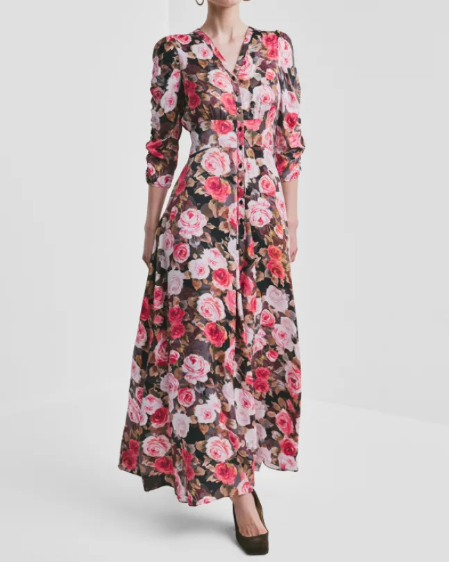Satin Button-Down Dress Midnight Roses
