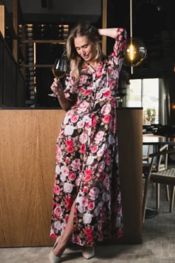 Satin Button-Down Dress Midnight Roses