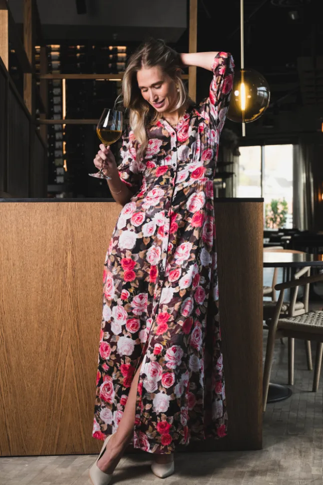 Satin Button-Down Dress Midnight Roses