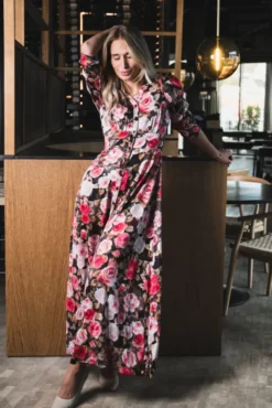 Satin Button-Down Dress Midnight Roses