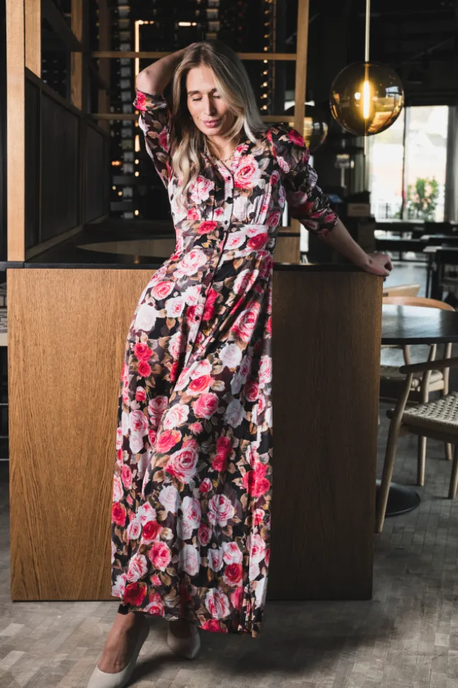 Satin Button-Down Dress Midnight Roses
