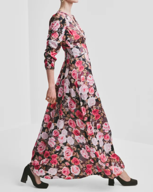 Satin Button-Down Dress Midnight Roses