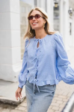 Seersucker Bow Blouse Blue Checks
