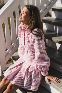 Seersucker Pleated Dress Pink Stripe