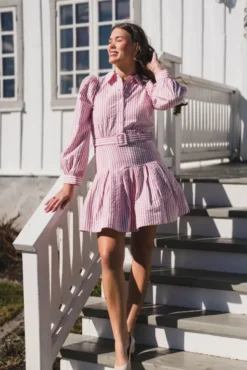 Seersucker Pleated Dress Pink Stripe
