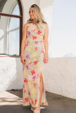 Shiny Sleeveless Dress Vintage Bouquet