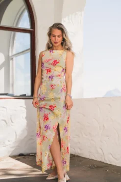 Shiny Sleeveless Dress Vintage Bouquet