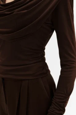 Signe Cowl Neck Jersey Top Dark Brown