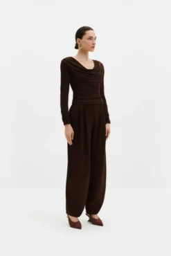 Signe Cowl Neck Jersey Top Dark Brown