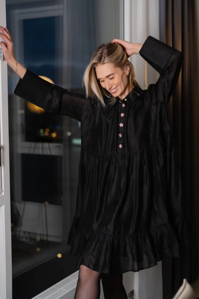 Striped Organza Shirt Dress Black