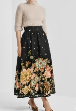 Taffeta Maxi Skirt Midnight Blossoms