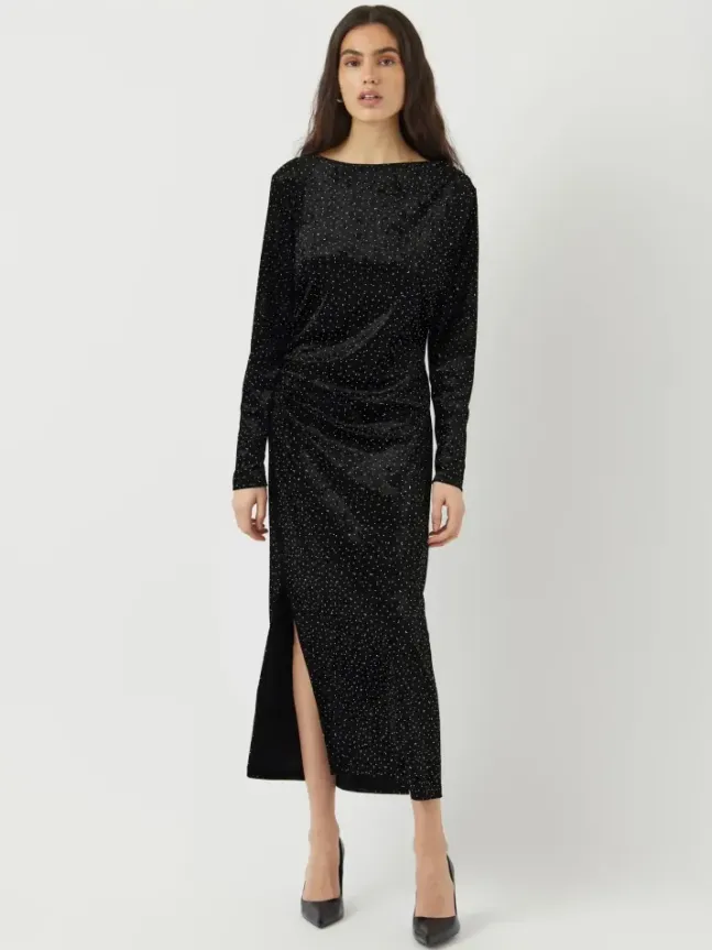 Tilla LS Velvet Long Dress Black W/Rhinestones